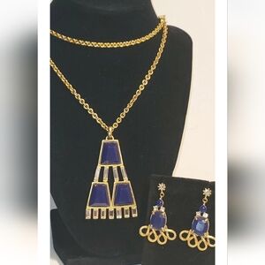 Elegant Gold and Blue Jewelry Set by YOSCAO vintage 1980s.